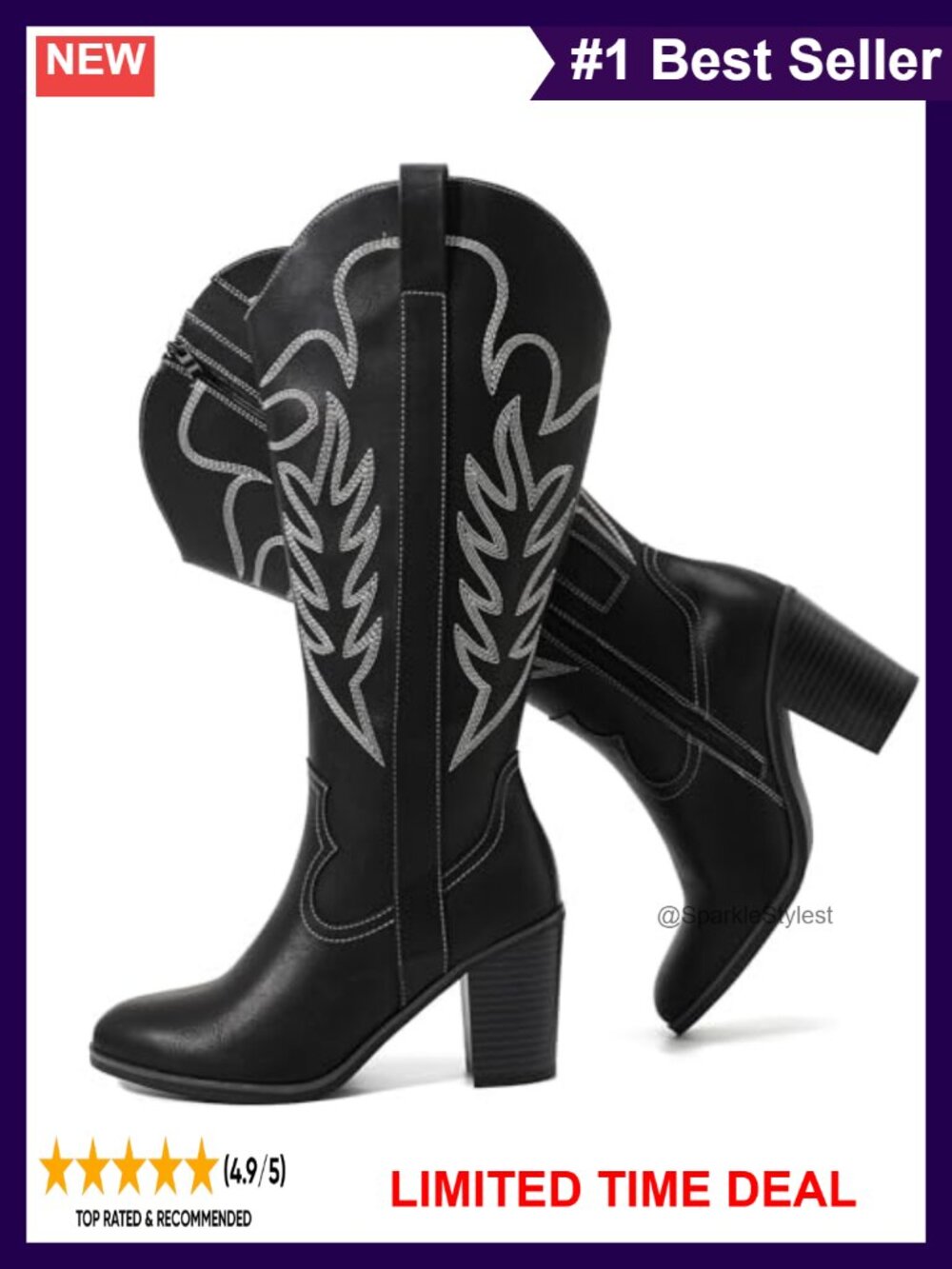 Extra Wide Calf Knee High Cowboy Boots Memory Foam Side Zip